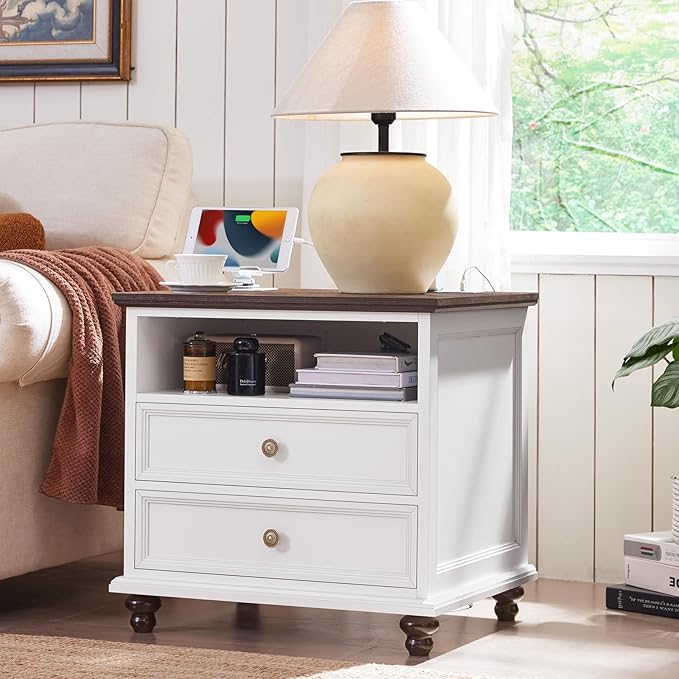 24" Wide Farmhouse Nightstand with Charging Station, End Table with 2 Drawers, White Wood Dresser for Bedroom Cabinet, Bed Side Table Chest of Drawers, Night Stand for Living Room, Closet