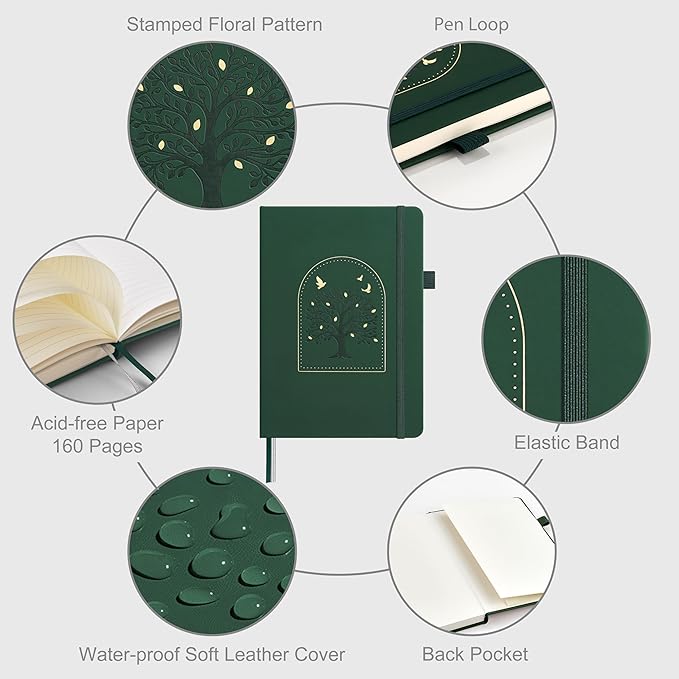 &And Per Se Lined Journal Notebook for Women&Men with Pattern, 160 Pages 100GSM Thick Paper, A5 Hardcover Journals for Writing(Dark Green)