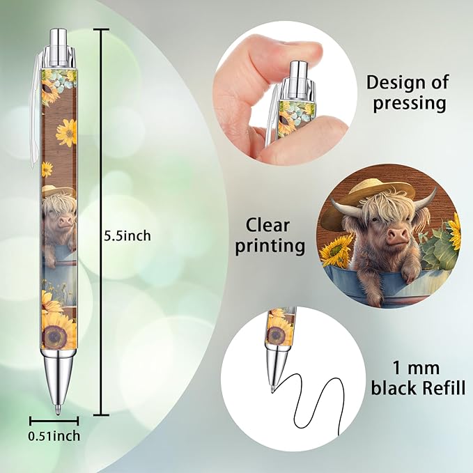 Idealmuzik 8 PCS Cute Highland Cow Print Pens, Cow Lovers Gifts, School Office Supplies, Gifts for Women Girls Teen Christmas New Year