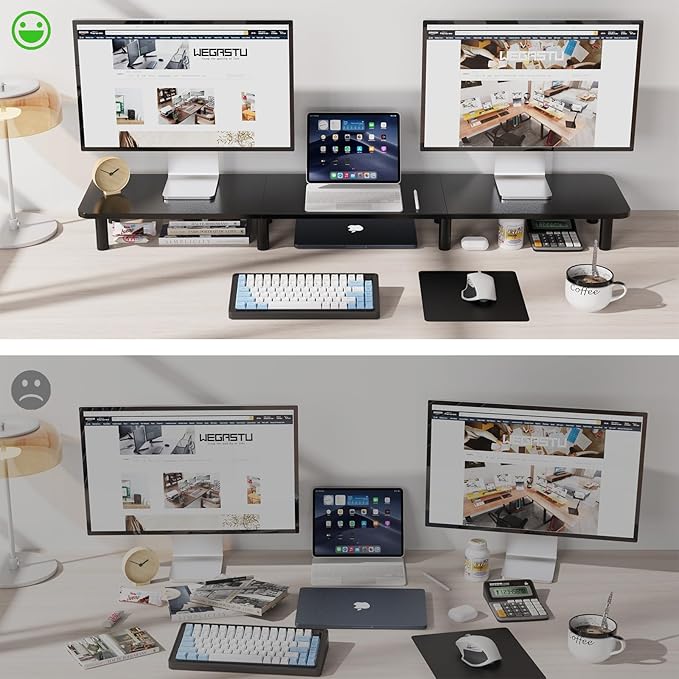 43.7" Extra Long Dual Monitor Stand Riser, Wood & Steel Monitor Stand for 2 Monitors, Wide TV Stand, Desktop Riser for Desk Organization, Home Office，Laptop,Printer,TV (Black)