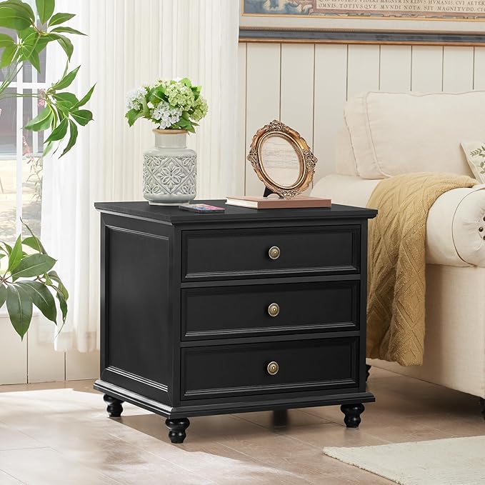 24" Wide Farmhouse Night Stand Set of 2,Large End Table with 3 Drawers & Metal Handle,Wood Dresser for Bedroom Cabinet, Bed Side Table Chest of Drawers,Nightstand for Living Room,Closet,Black