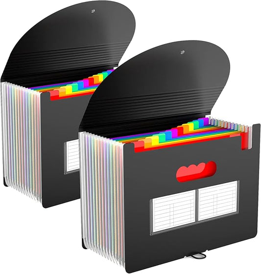 2 Pack Expanding File Folder with Blank Label, 12 Pocket Accordian File Organizer Document Storage Organizer, Desktop Accordion Folders File Keeper A4 Letter Size for Home School Office