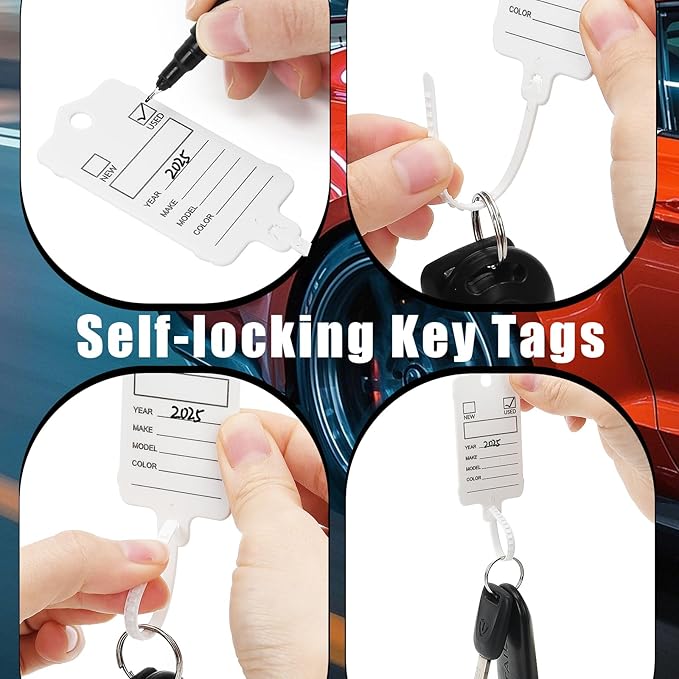 100 Car Key Tags with Labels Plastic Car Dealership Key Tags Self Locking Automotive Identifiers Blank Shop Labels with One Pen (White)