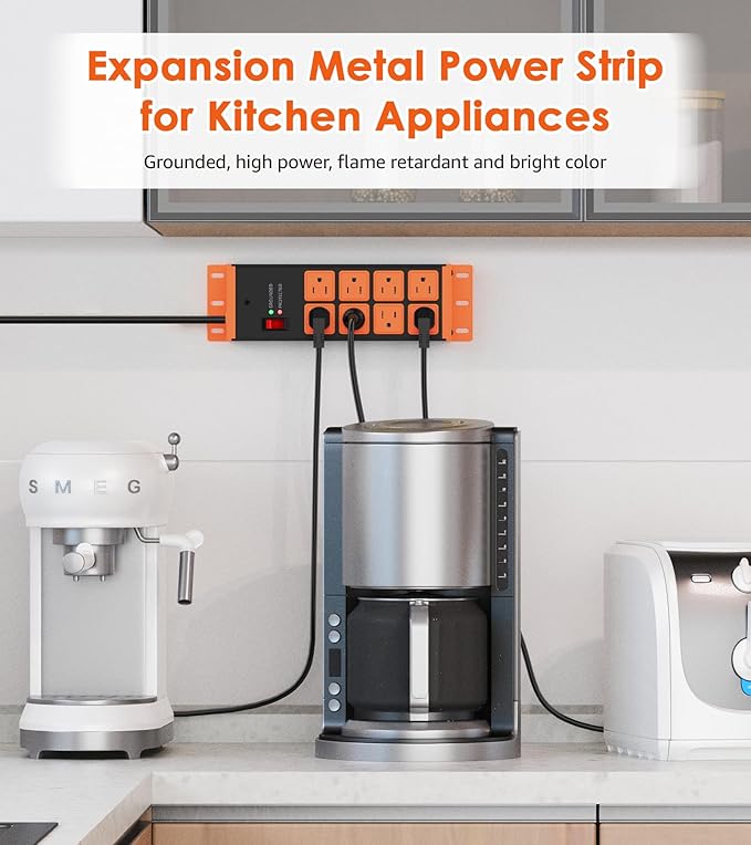 2 Pack Heavy Duty Power Strip 8 Outlets, Work Shop Outlet Strip Surge Protector 4800J, Industrial Metal 15Amp Power Strip, 6FT Extension Cord, ETL Listed