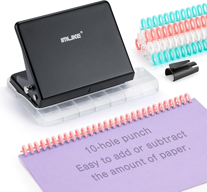 IMLIKE 10-Hole Binding Machine for Planners - Metal Manual Binding System with 10 Multi-Color 30-Hole Loose Leaf Binding Spines - Punches 26 Holes on B5, 30 Holes on A4, 20 Holes on A5 Paper - Black