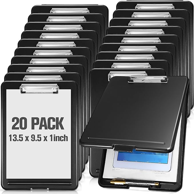 20 Pcs Clipboard with Storage Plastic Nursing Clipboard 9.5 x 13.5 Inch with Low Profile Clip Foldable Clip Board with Storage for Home Office Back to School Supplies