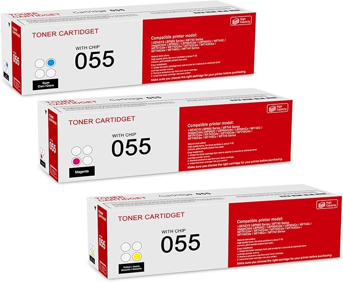 3 Pack 055 C/M/Y Toner Cartridge: Compatible CRG-055 Replacement for Canon i-SENSYS LBP660 MF740 Series ImageClass LBP660C LBP664Cdw LBP664Cx MF740C MF741Cdw MF743Cdw MF746Cdw MF740 Series Printer