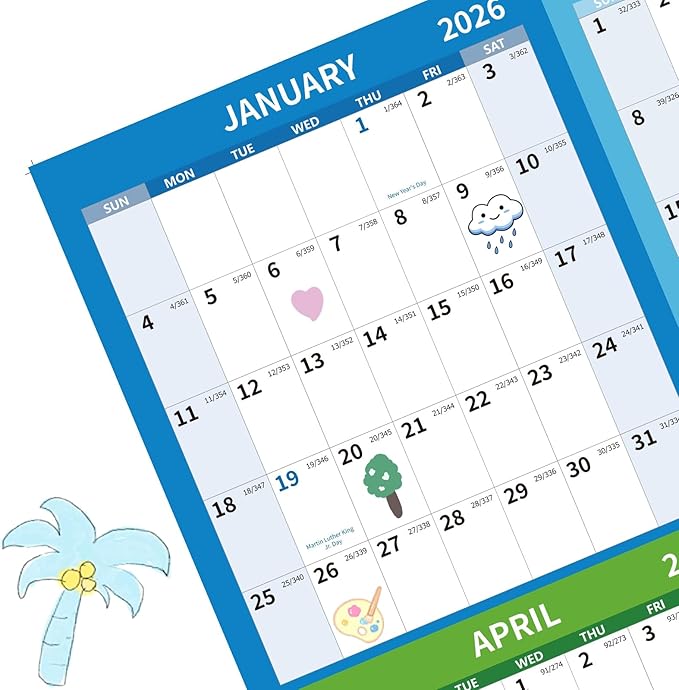 2026 Wall Calendar 34.8" x 22.8" Large Vertical Yearly Wall Hanging Calenda with Julian Date Thick Paper Calendar 12 Month Annual Wall Planner for Wall Office Fridge(Colorful)