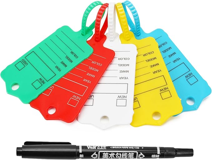 200 Car Key Tags with Labels Plastic Car Dealership Key Tags Self Locking Automotive Identifiers Blank Shop Labels with One Pen (Mixed Color)