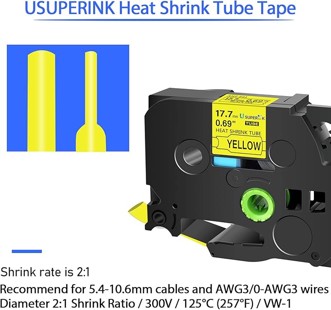 10PK Compatible for Ptouch HSe-641 HSe641 HS-641 HS641 Black on Yellow 17.7mm 0.69'' Heat Shrink Tubing for Wire Cable for PT9200dx PT9400 PT9500pc PT9600 Label Maker Tape