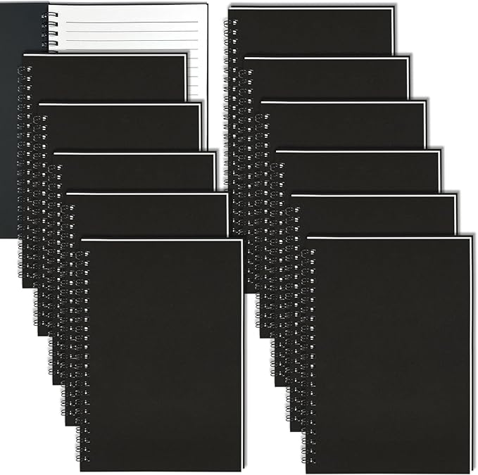 12Pack Small Spiral Notebook A5, 8.25x5.5” 120 Lined Pages Black Wide Ruled Spiral Journal Bulk Blank Kraft Cover Spiral Bound Notebook & Writing Pads for Home Office Meeting Work Note Taking