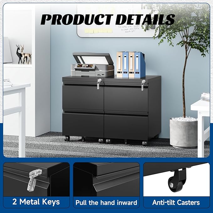 2 Drawers Vertical File Cabinet - Fully Assembled Black Under Desk Mobile Filling Cabinet Small Lockable Home Office File Cabinets for A4/Letter/Legal Size