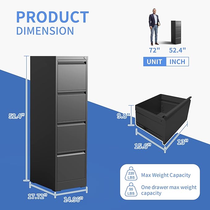 4 Drawer File Cabinet with Lock, Vertical Filing Cabinets for Home Office, Locking File Cabinet Hanging Files for A4/ Legal/Letter, Require Assembly, Black