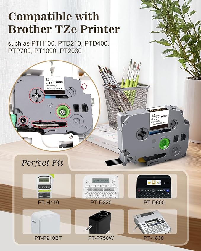 3-Pack 12mm Tz Tape Gold on Black Compatible with Brother P Touch Label Tape Tze-334 Tz Tape 12mm 0.47" Laminated Black, Work for Brother P Touch Label PT-D210 PT-H110 PT-D600 PT-D400 PT-1180