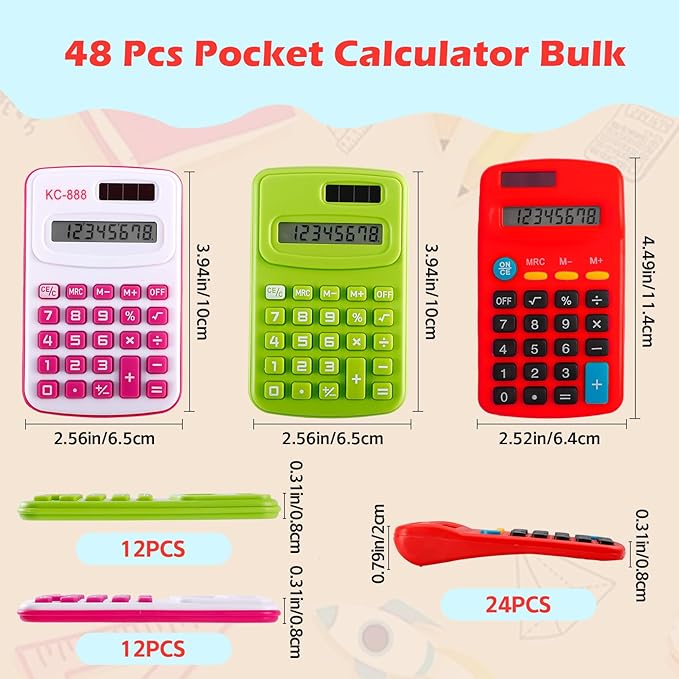 48 Pcs Pocket Calculator,Pocket Size Basic Calculators,8 Digit Display Solar Battery Dual Power Desktop Calculators,Mini Calculator for Students,Home,Office, 3 Styles