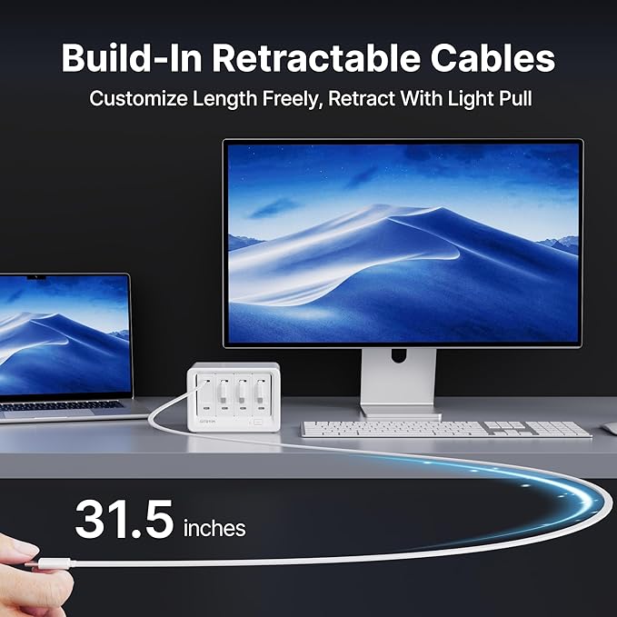 12-in-1 Desktop Charging Station with 4 Retractable Wall Chargers, 40W USB-C Power Strip with 4 AC, 4 USB C, 4 Type-C 31.5in Cables, Extension Cord with 1020J Surge Protection for Home Office