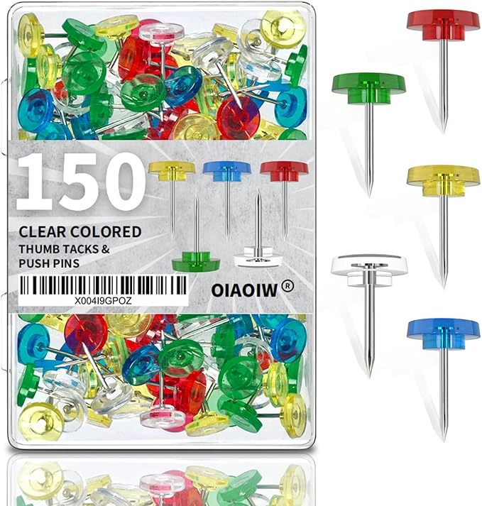 150 PCS Flat Clear Colored Push Pins for Wall Thumb Tacks for Walls Flat thumbtacks Push pin for Bulletin Board Shadow Box Display Thumbtack for Cork Board