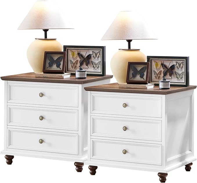 24" Wide Farmhouse Night Stand Set of 2,Large End Table with 3 Drawers & Metal Handle,White Wood Dresser for Bedroom Cabinet, Bed Side Table Chest of Drawers,Nightstand for Living Room,Closet