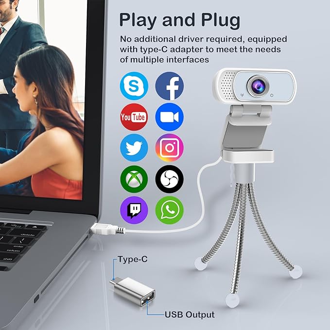 1080p White Webcam with Microphone, USB Web Camera 110-Degree View Angle Computer Camera,Webcam Tripod/Privacy Cover/USB C Adapter Include,Plug and Play Web Cam for Video Conferencing Streaming