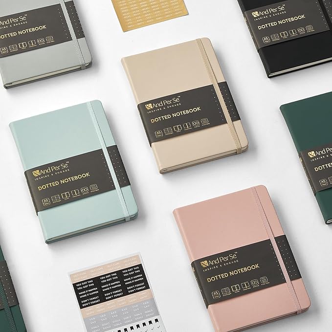 &And Per Se Dotted Journal Notebook (5 Packs), A5 Hardcover Leather Dotted Journal, 160 Pages 100 gsm Thick Paper, 3 Sheets of Stickers Included- 5.7'' x 8'' (Black