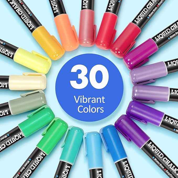 30 Pack Liquid Chalk Markers for Blackboard, Dry Erase Markers Pens for Chalkboard Calendar Window Car Glass, 6mm Reversible Tip, Dust-Free Chalk Pens for School Kids Bistro Businesses Restaurants