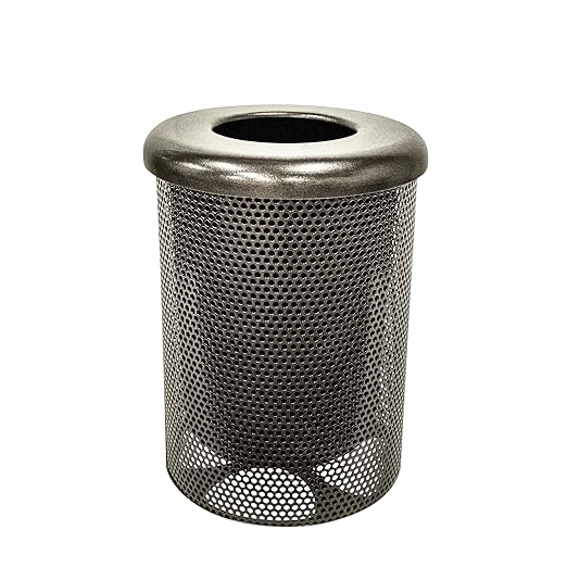 32-Gallon Heavy-Duty Punched Steel Round Trash Receptacle, Commercial Outdoor Waste Bin with Liner & Black Flat Top Lid – Made in America (Textured Gold Vein)