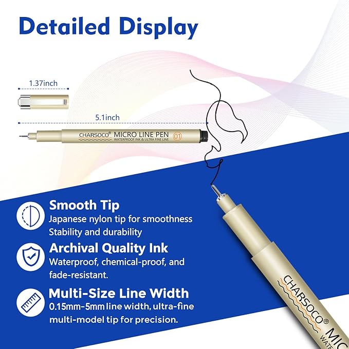 01 Micro Pen, 6 Pack Black Fine Point Pen with Waterproof Archival Ink, 0.25mm Fineliner Ink Pens for Artist Illustration, Sketching, Anime, Manga, Technical Drawing and Scrapbooking