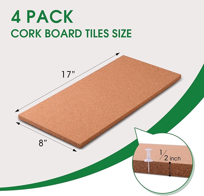 4 Pack Cork Bulletin Board 17"x8" - 1/2" Thick Cork Board Tiles,Self-Adhesive Frameless Cork Tiles Wall Decor for DIY, Office, School and Home Decor