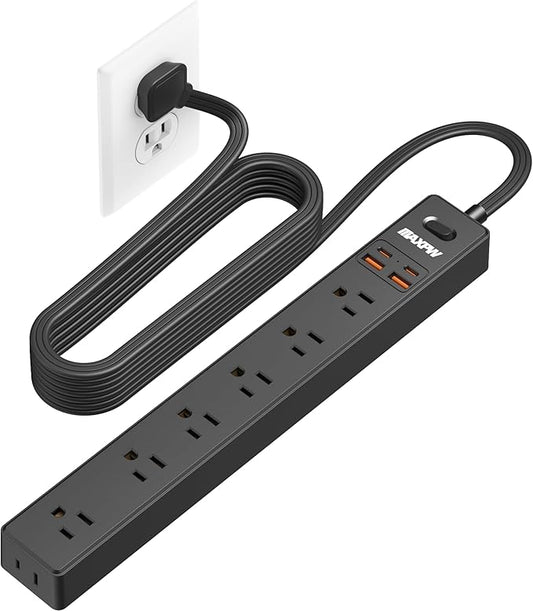 10 Ft Power Strip Surge Protector - 7 Outlets 4 USB Ports (2 USB C), Ultra Thin Flat Extension Cord & Flat Plug, 1700 Joules, Wall Mount, Desk Charging Station for Home Office Dorm, Black