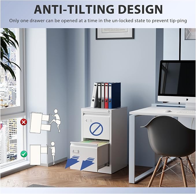 2 Drawer File Cabinet, Filing Cabinets for Home Office, Metal Vertical File Storage Cabinet with Lock, Locking File Cabinet for A4 Legal/Letter, 15" W x 17.7" D x 27.1" H, Assembly Required