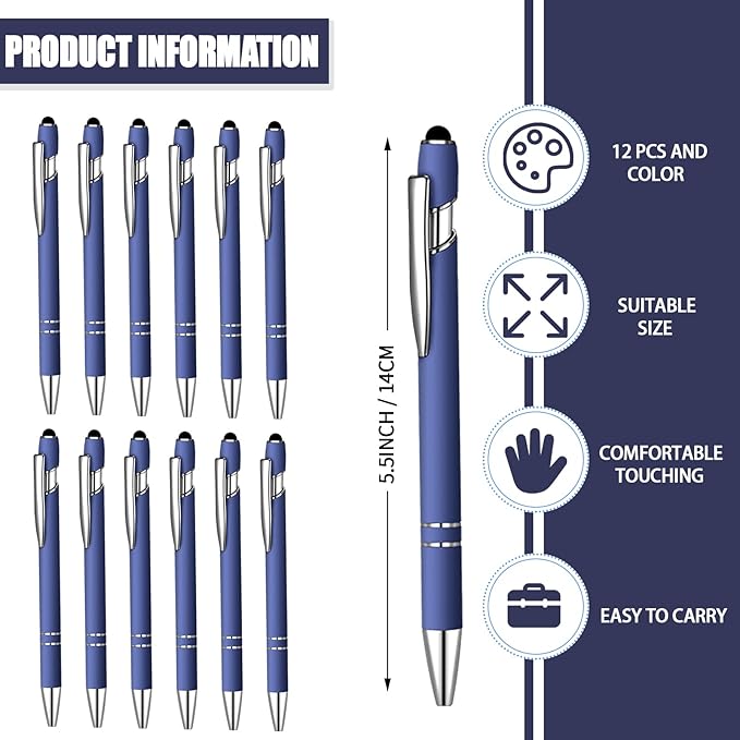 12 Pcs Blue Ink Ballpoint Pen with Stylus Tip, 1.0 mm Metal Pen Stylus Pen for Touch Screens, 2 in 1 Thank You Pen Gift for Friends, Colleagues, Coworker, Office, Family (Blue)