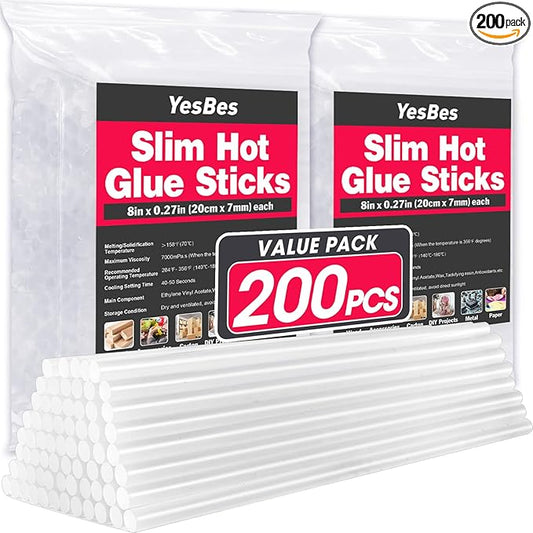 200 PCS Mini Hot Glue Sticks, 8" Long x 0.27" Diameter Glue Sticks for Glue Gun, Perfect Fit for Mini Glue Guns, Widely Used in Wood, Metal, Glass, Plastic, Floral, Fabric, and More