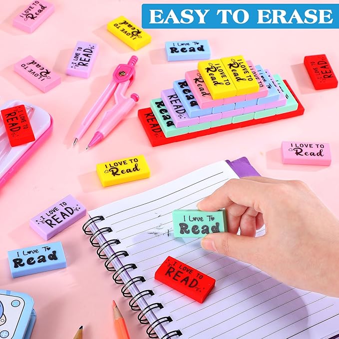 200 Pcs Inspirational Erasers for Kids Back to School Gifts I Love to Read Small Colorful Pencil Erasers for Students Classroom Cute Motivational Gift for Drawing School Office Supplies