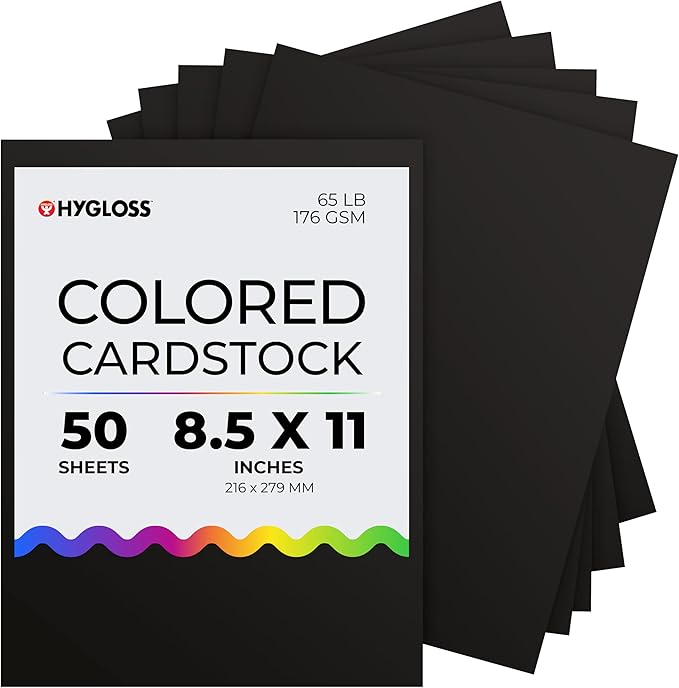 Hygloss Black Cardstock - 8.5x11-Inch, 50 Sheets, 65 lb/ 176 gsm, Fade-Resistant, Acid-Free Color Card Stock Paper
