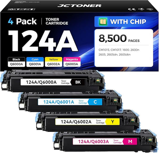 124A Toner Cartridge Set 4-Pack High Yield Replacement for HP 124A Q6000A Q6001A Q6002A Q6003A Compatible with HP Color LaserJet MFP CM1015 CM1017 1600 2600n 2605 2605dn 2605dtn Printer Ink Black Copy