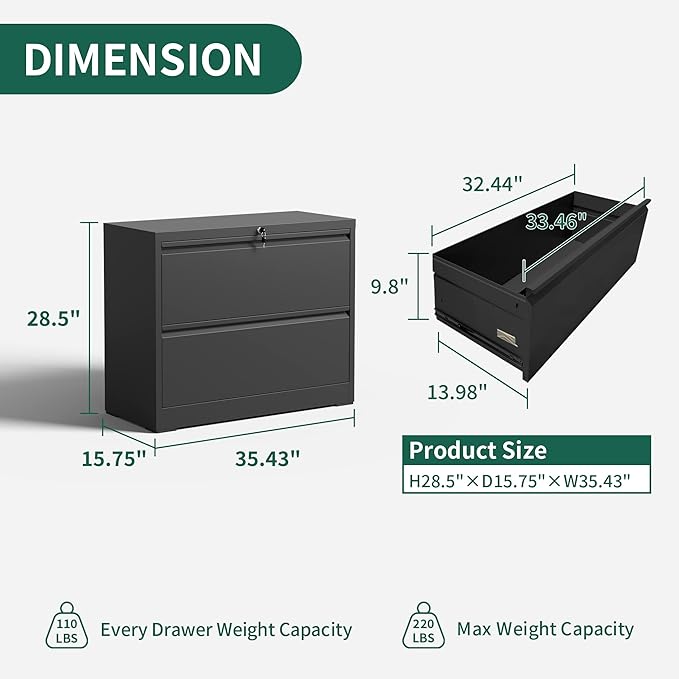 2 Drawer Lateral File Cabinet, Metal File Cabinets for Home Office Legal/Letter A4 Size, File Cabinet with 2 Drawer Storage Cabinet, Require Assembly, Black