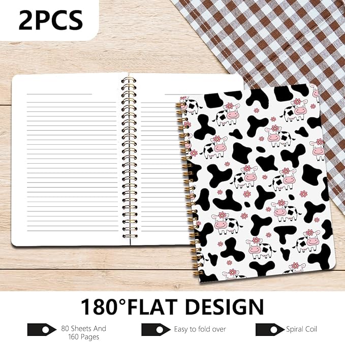 2 Pcs Cow Spiral Notebooks for Work, A5(8.3x5.8inch) Composition Notebook College Ruled Note Book, Pink Flowers Hardcover Notepads Diary Lined Travel Journal for Writing, Cute Cow Gifts for Women