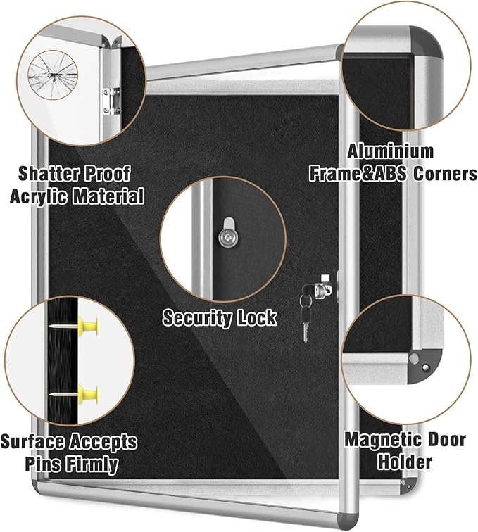 28"x26" Enclosed Bulletin Board, Lockable Weather-Resistant Aluminum Cork Noticeboard for School & Office, Silver Frame w/Black Flet