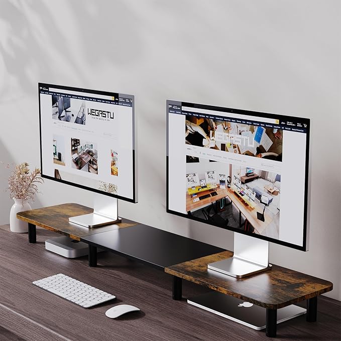 43.7" Extra Long Dual Monitor Stand Riser, Wood & Steel Monitor Stand for 2 Monitors, Wide TV Stand, Desktop Riser for Desk Organization, Home Office、Laptop,Printer,TV (Vintage black)