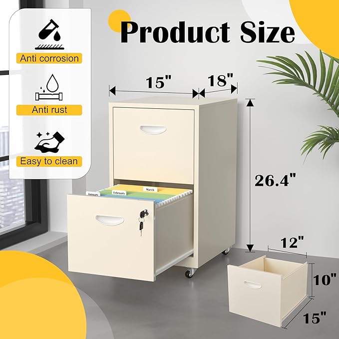 2 Drawer File Cabinet with Lock，Cream Rolling File Cabinet for Home Office, Metal Small Mobile Filing Cabinets on Wheels for Hanging Letter