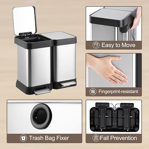 13 Gallon Dual Compartment Trash Can, 2 x 25L Fingerprint Resistant Stainless Steel Kitchen Garbage Can with 2 Soft-Close Lid & Foot Pedal for Kitchen Office Bathroom, Without Inner Bucke