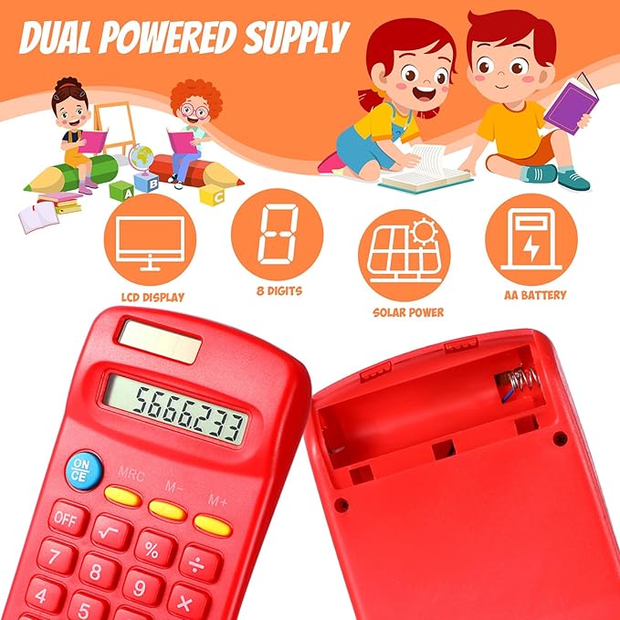 24 Pieces Basic Calculators for Students Small Pocket Size 8 Digit Display Mini Calculators Dual Powered Handheld for School Desktop Home(Red)