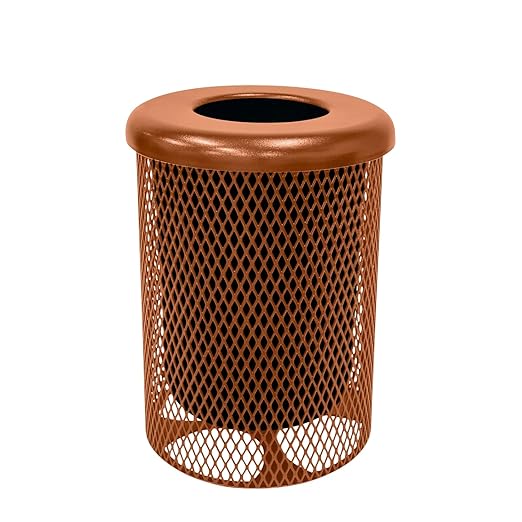 32-Gallon Heavy-Duty Expanded Metal Round Trash Receptacle, Commercial Outdoor Waste Bin with Liner & Black Flat Top Lid – Made in America (Textured Copper)