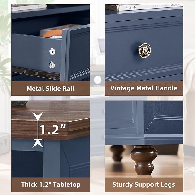 24" Wide Farmhouse Nightstand Set of 2 with Charging Station,End Table with 2 Drawers,Blue Wood Dresser for Bedroom Cabinet, Bed Side Table Chest of Drawers, Night Stand for Living Room, Closet