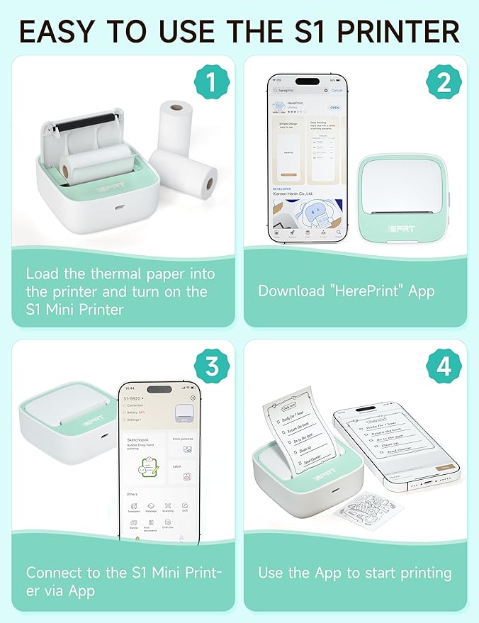 iDPRT Portable Sticker Maker Machine with 1 Roll Sticker Paper, Mini Printer Efficiently and Quickly, Thermal Printer for Study Notes, Pictures, DIY, Label, Free App with Multiple Templates, Green