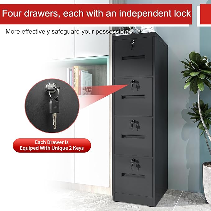 4 Drawer Metal File Cabinet with 4 Unique Locks Heavy Duty Locking File Cabinets Home Office Steel Filing Cabinet Vertical File Cabinets for Legal/Letter Size File,Assembly Required