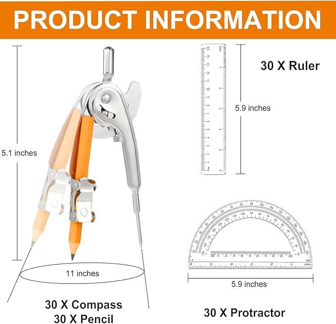 120 Pieces Geometry Math Set Compass for Geometry Math Compass and Protractor Set Include Metal Compass with Pencil Plastic Ruler and Protractor for Student School Office Woodworking Drawing Tools
