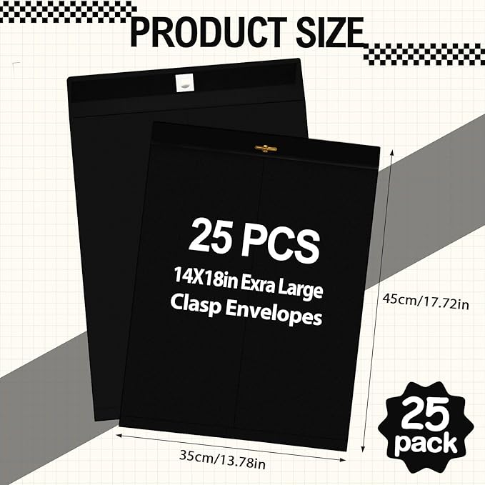 25 Pcs Clasp Envelope 14 x 18 Inch Large Manilla Envelopes with Clasp Closure for Mailing Thick Documents Home, Business, Legal or School Office Storing(Black)