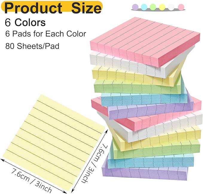 48 Pack 3840 Sheets Lined Sticky Notes 3X3 in Ruled Self Sticky Note Pads 80 Sheets/pad Colorful Sticky Notes with Lines Post Notes for Office, Home, School, Meeting