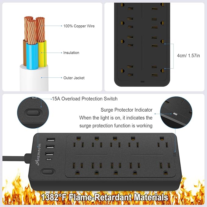 20 FT Power Strips with Surge Protection 1625W/13A, 10 Outlets with 4 USB Ports (1 USB C) Long Extension Cord with Multiple Outlets 14-in-1 1700J 16Awg Flat Plug Power Strip Protector Black ETL Listed